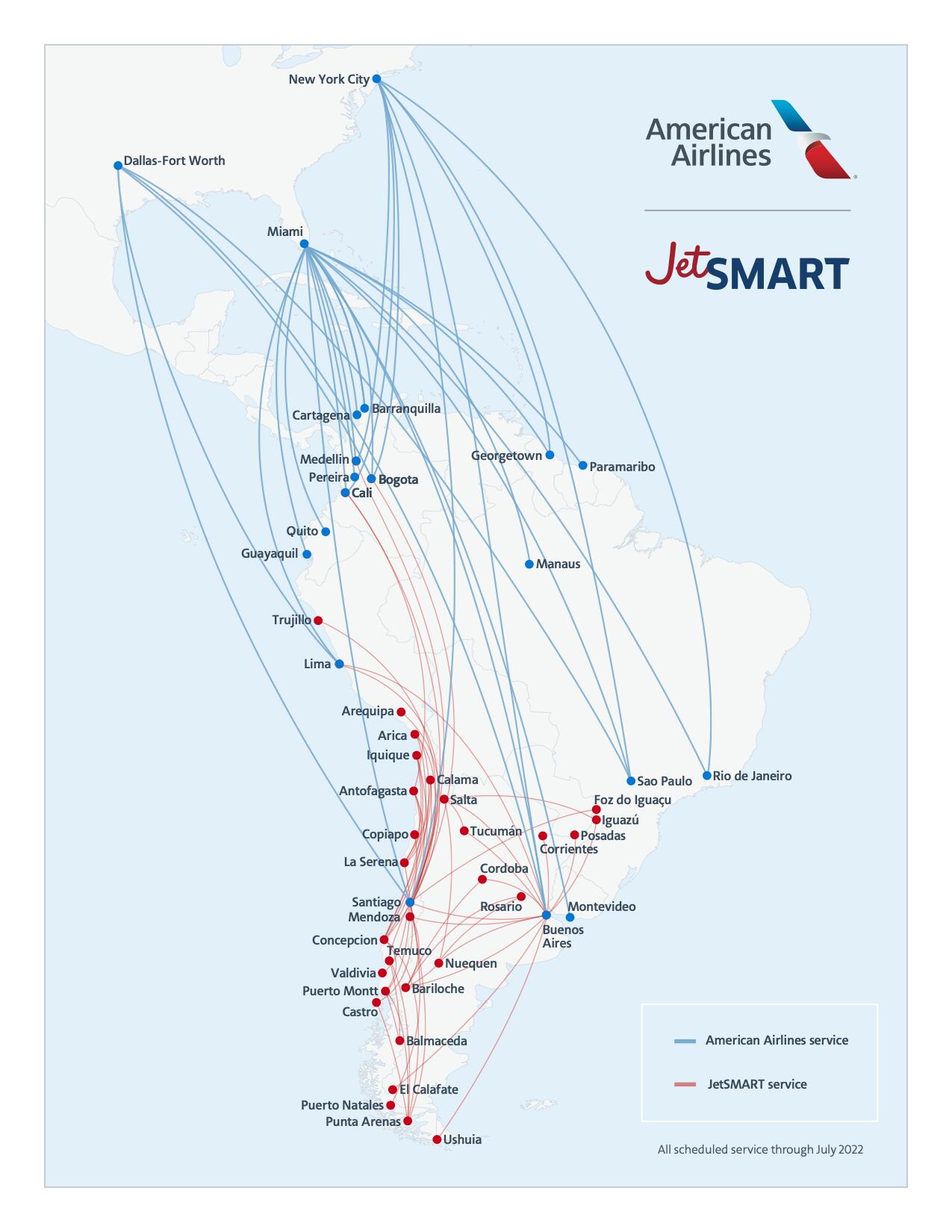 Red de Rutas de American y JetSMART