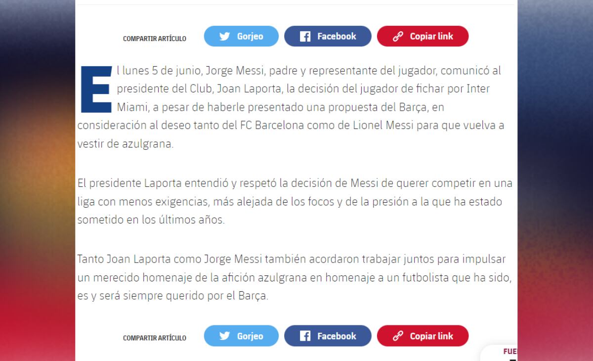Comunicado Barcelona sobre la llegada de Messi al Inter de Miami