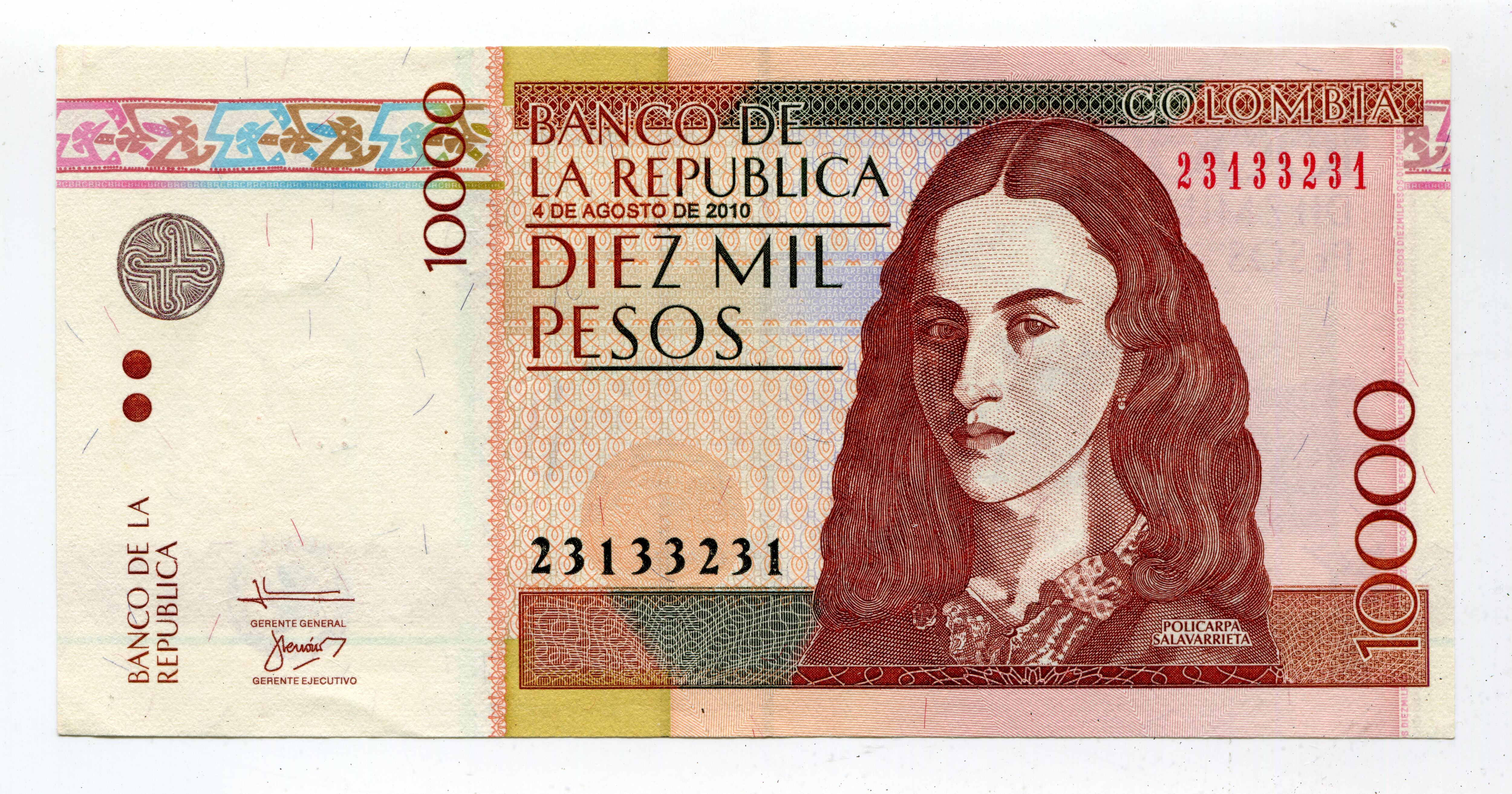 Billete de 10.000 pesos con la imagen de Policarpa Solavarrieta.
