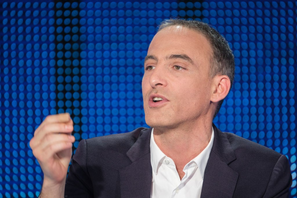 BRUSSELS, BELGIUM - APRIL 10: Leader of the Place Publique list, together with the S&D alliance Raphael Glucksmann reacts during a debate between French top candidate for the European Parliament elections, in the European Parliament on April 10, 2024 in Brussels, Belgium. Two months before the European elections, the campaign is now well underway in France. (Photo by Thierry Monasse/Getty Images)