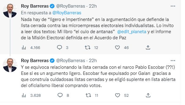 Trinos del presidente del Senado, Roy Barreras, en respuesta al senador Wilson Arias.