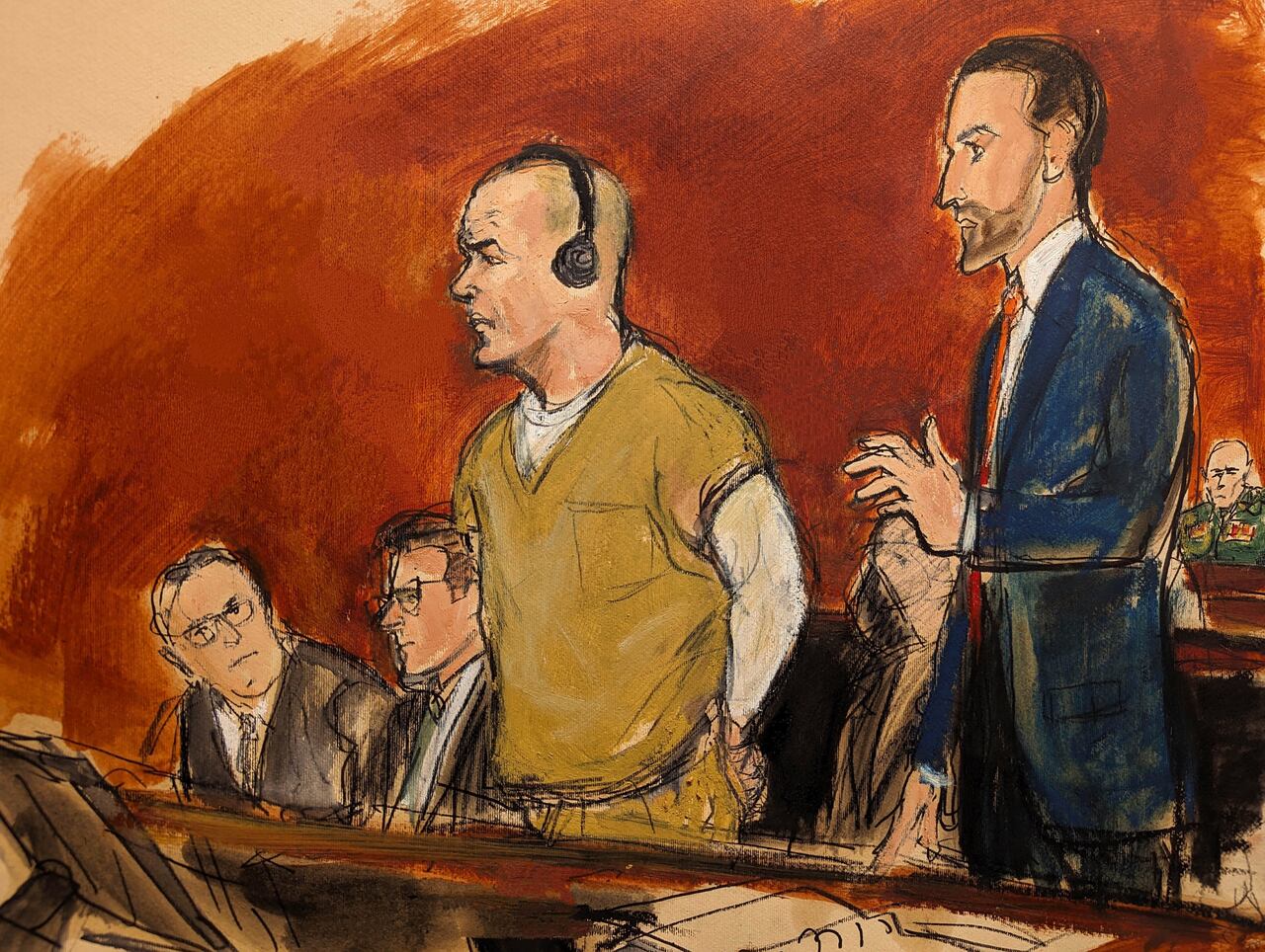 En este boceto de la sala del tribunal, el general retirado del ejército venezolano de tres estrellas Cliver Antonio Alcalá Cordones (centro) está de pie mientras su abogado defensor César De Castro (derecha) habla en el Tribunal Federal de Nueva York el jueves 18 de enero de 2024.