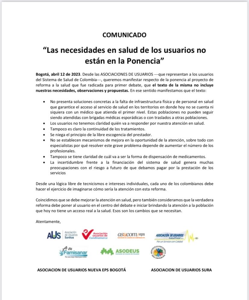 Comunicado de asociaciones de usuarios de las EPS.