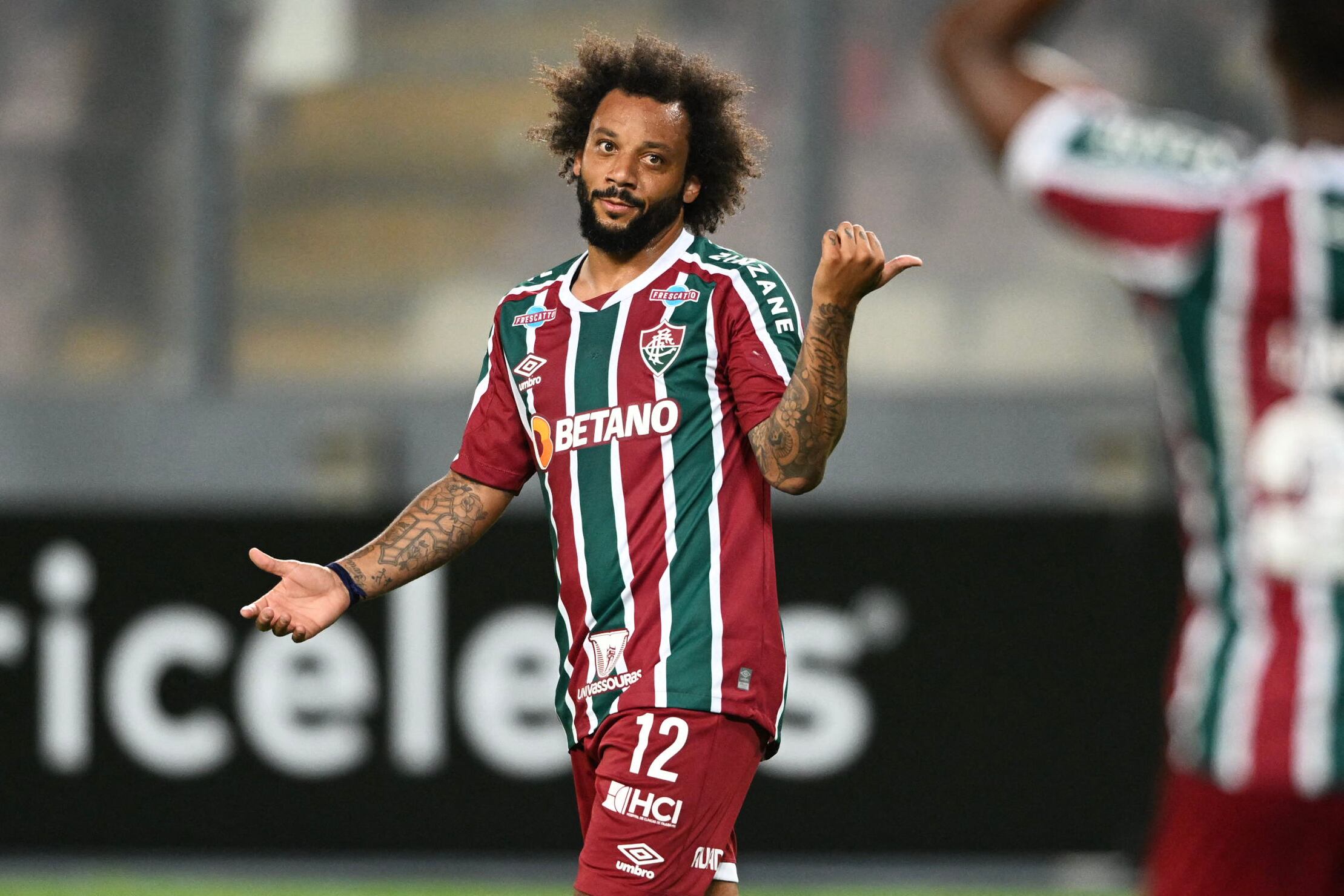 Fluminense's defender Marcelo gestures during the Copa Libertadores group stage first leg football match between Sporting Cristal and Fluminense, at the National stadium in Lima, on April 5, 2023. (Photo by ERNESTO BENAVIDES / AFP)