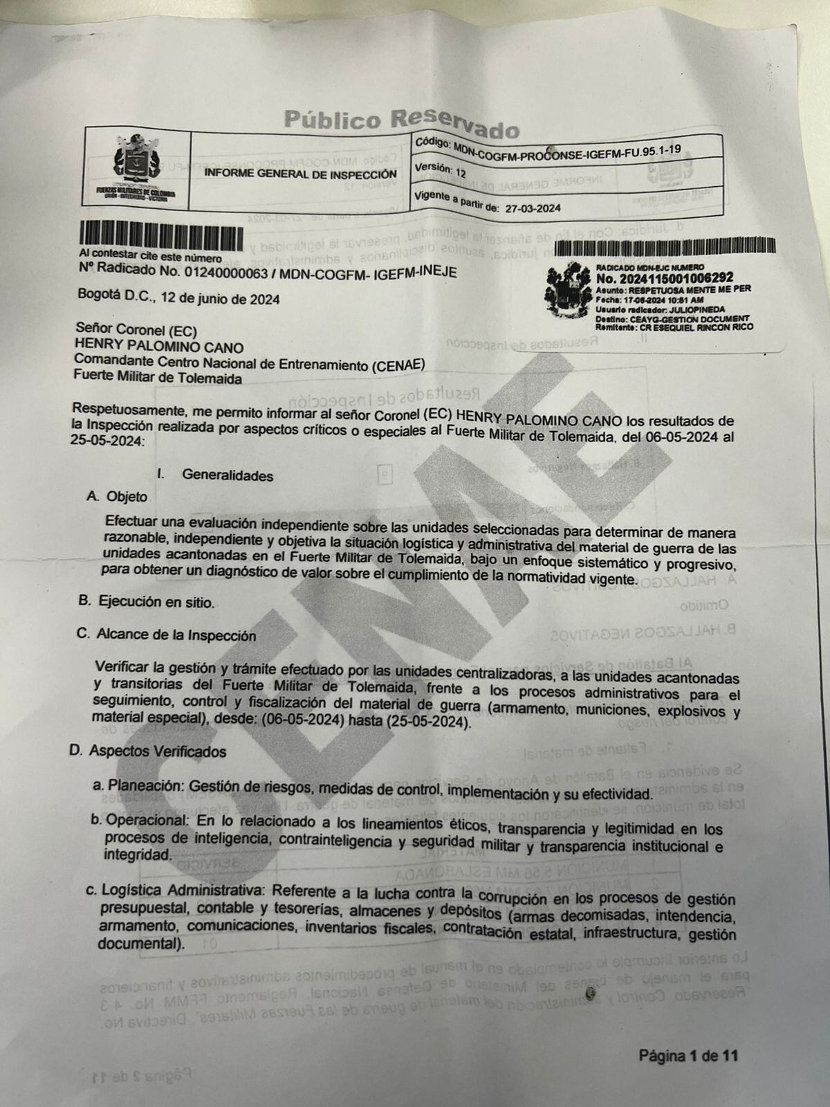 En el documento se advierten debilidades en los inventarios en las unidades del Ejército en Tolemaida.
