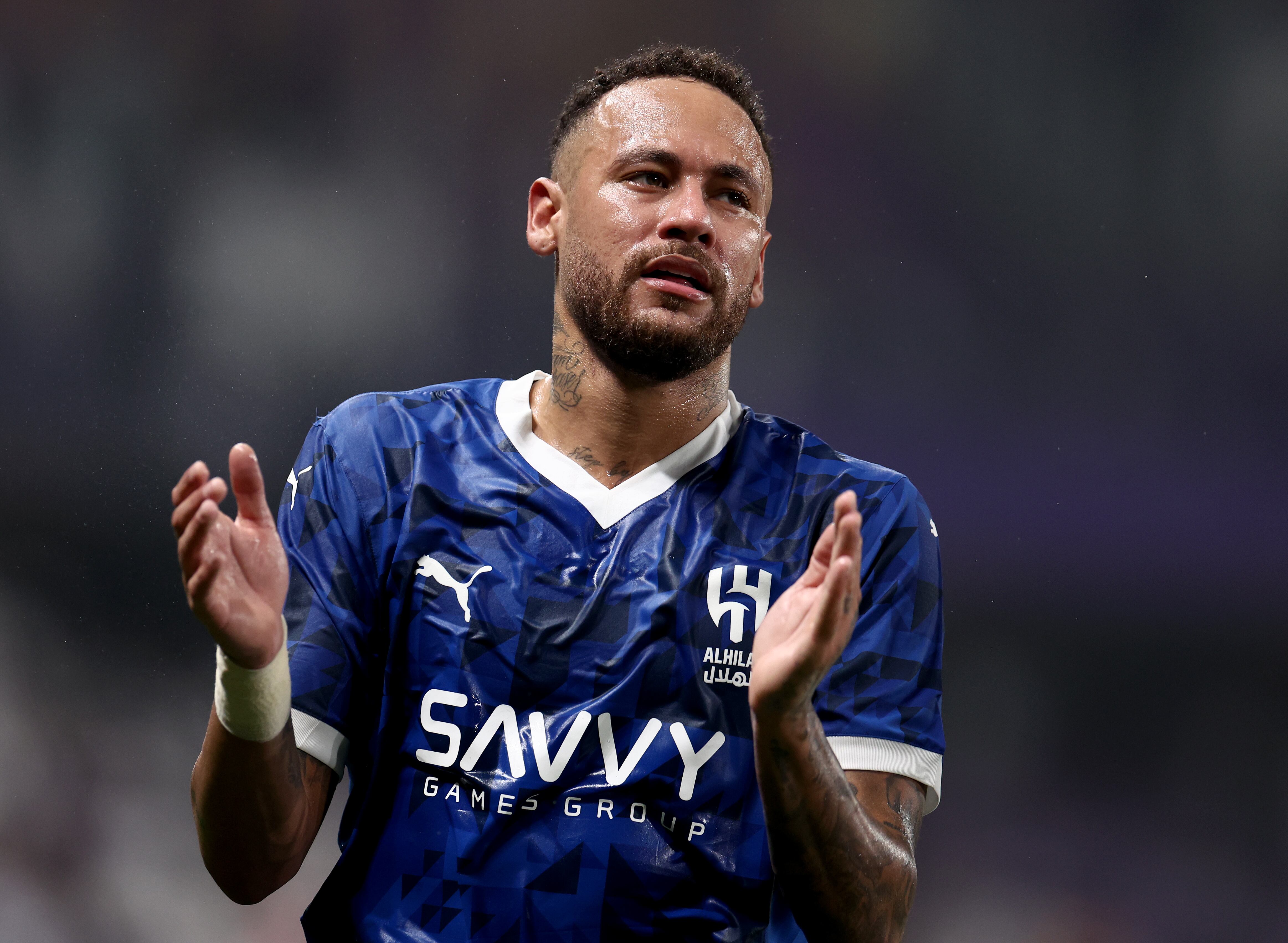 AL AIN, UNITED ARAB EMIRATES - OCTOBER 21: Neymar of Al Hilal reacts after the AFC Champions League Elite match between Al Ain and Al-Hilal at Hazza bin Zayed Stadium on October 21, 2024 in Al Ain, United Arab Emirates.  (Photo by Francois Nel/Getty Images)