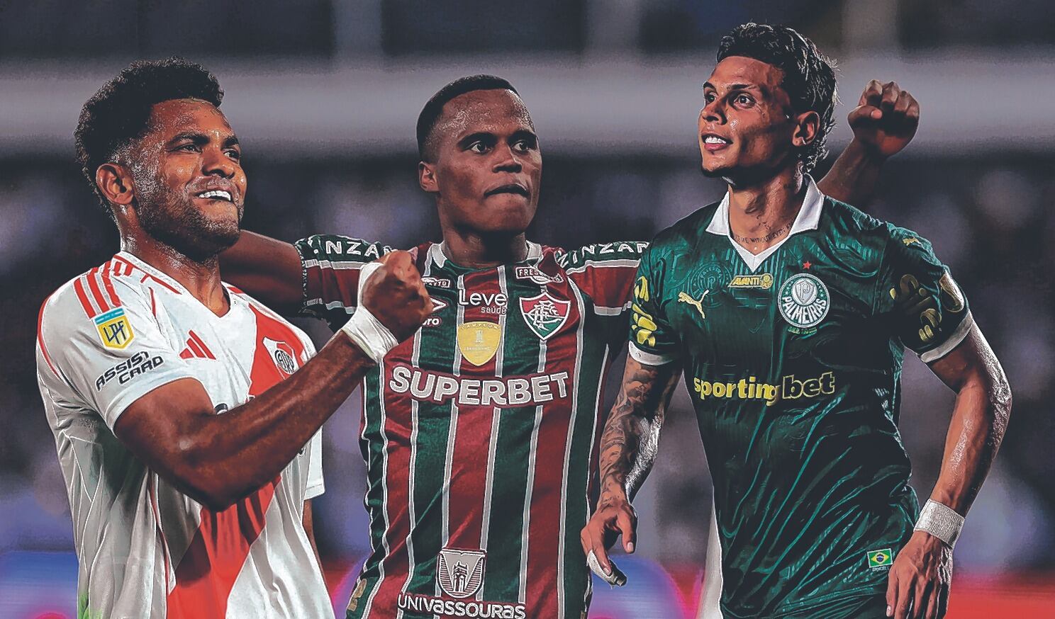 Miguel Ángel Borja (izq.), Jhon Arias (centro) y Richard Ríos serán las principales figuras de Colombia en el Mundial de Clubes.