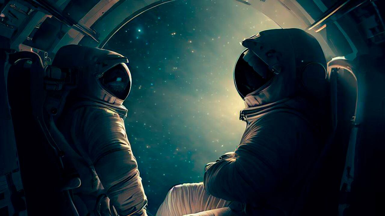 Ilustración creada con inteligencia artificial de astronautas que viajan por el espacio.
