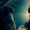 Ilustración creada con inteligencia artificial de astronautas que viajan por el espacio.