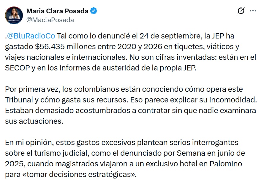 Mensaje de la senadora María Clara Posada en su cuenta de X.