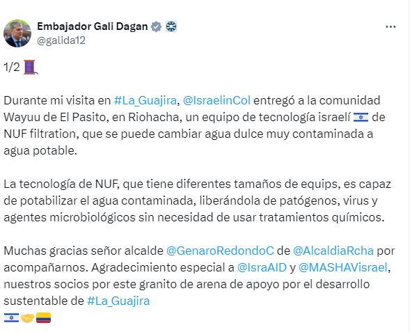 El embajador publicó los detalles de su visita a La Guajira a través de las redes sociales
