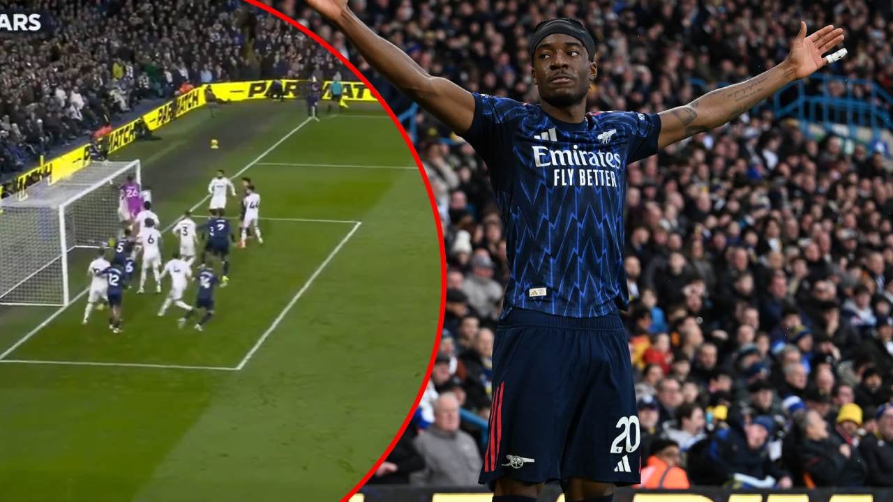 Madueke celebra el gol olímpico contra el Leeds.