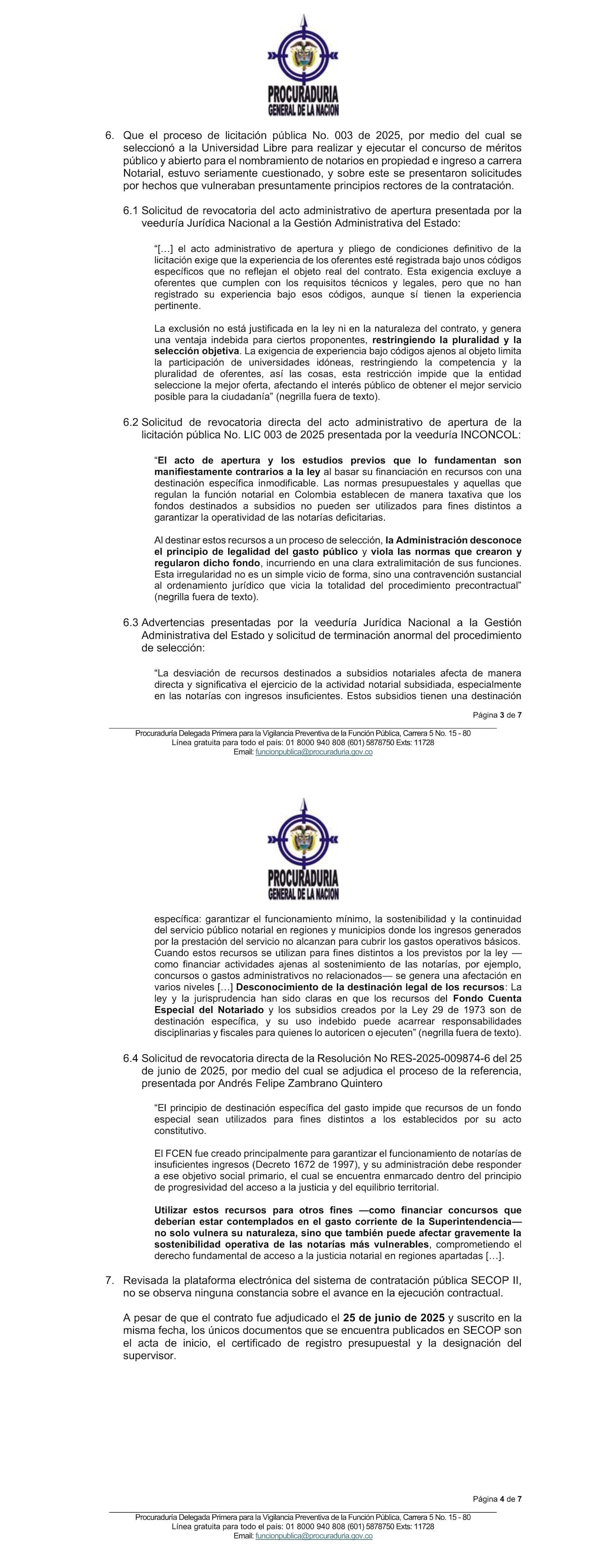 La carta de la Procuraduría sobre las presuntas irregularidades en el concurso de notarios