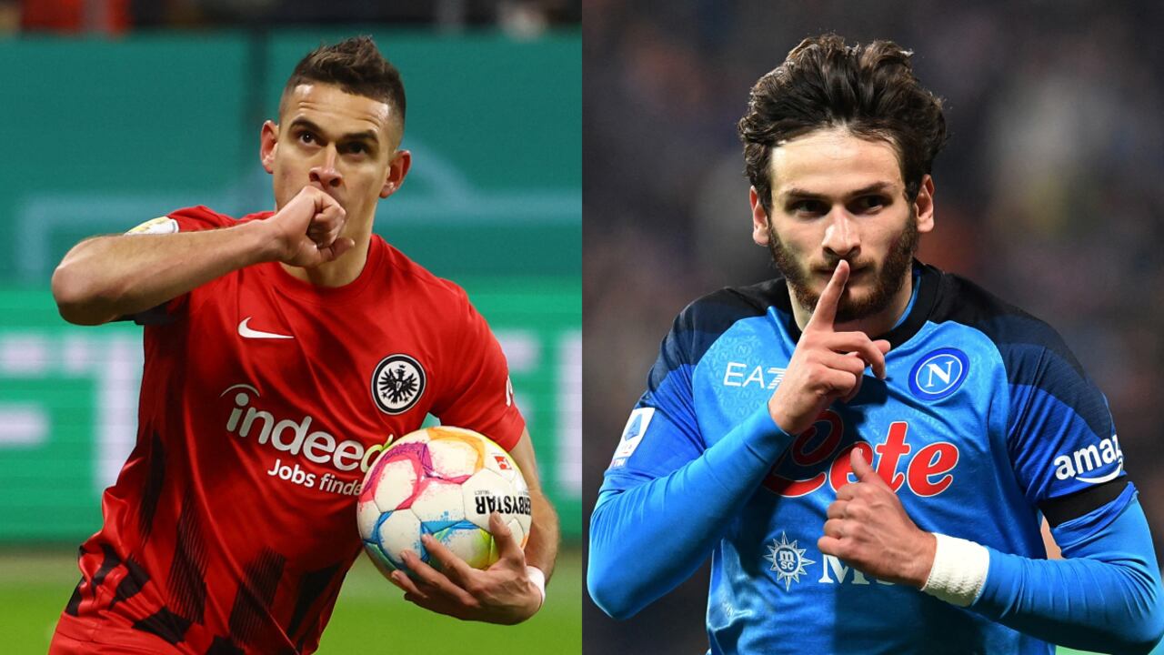 Rafael Sanos Borré y Khvicha Kvaratskhelia. Eintracht Frankfurt vs. Napoli.
