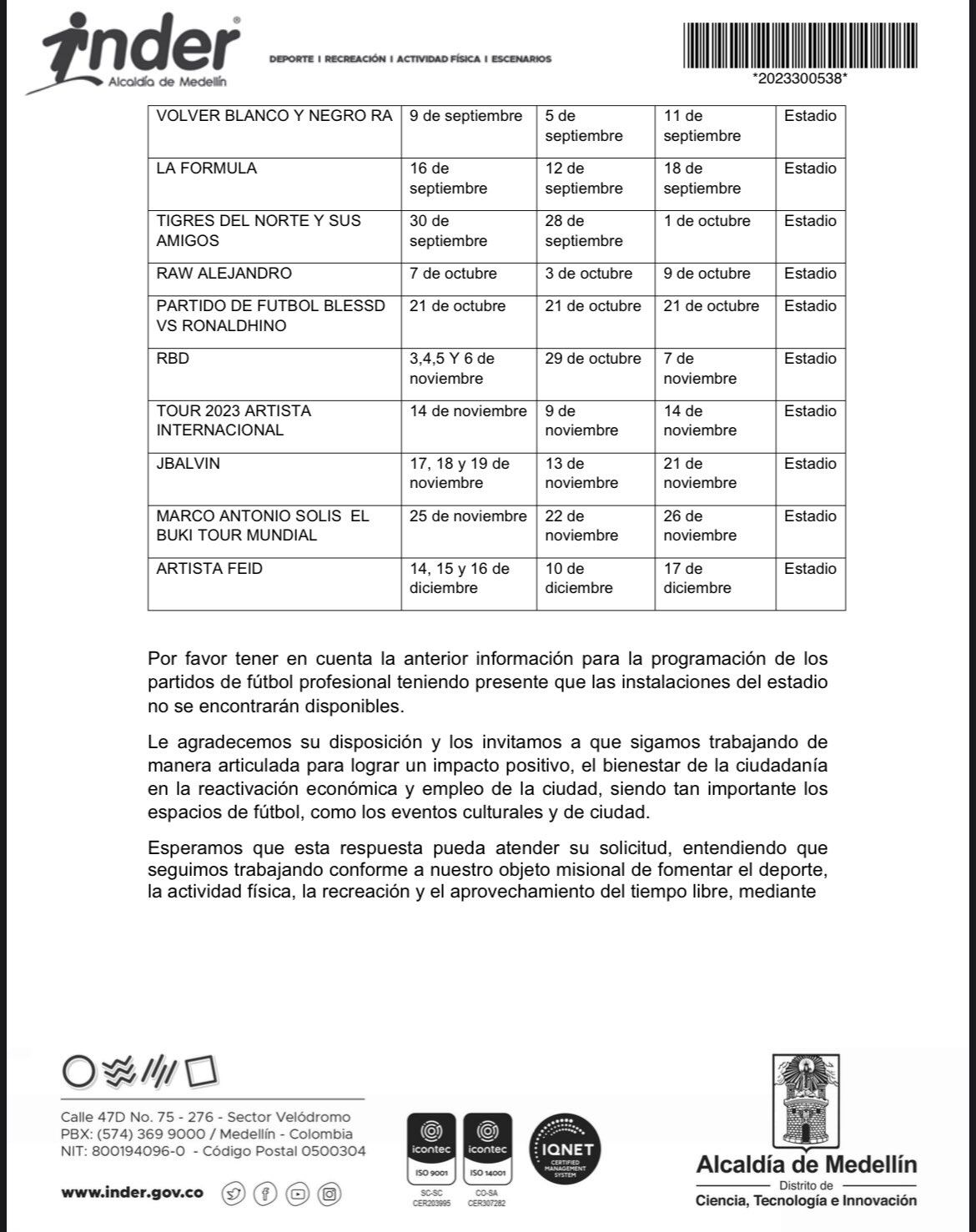 Final de la carta enviada por el INDER Medellín a los clubes