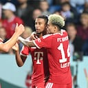 Michael OLISE (M) celebrates after his goal to 1:3 with LUIS DIAZ (M) and Harry KANE (M) cheers, celebrating, joy, cheers, Football DFB Cup, 1st round, VfL Osnabr�ck - FC Bayern Munich 1-4 - on 02.09.2026 at the Stadion an der Bremer Br�cke Osnabr�ck (Photo by Malte Ossowski/Sven Simon / SVEN SIMON / dpa Picture-Alliance via AFP)