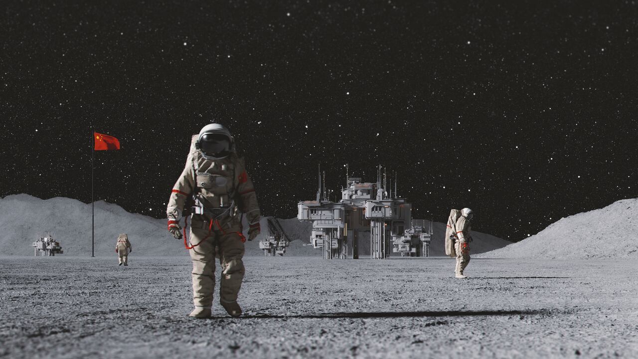 Ilustración de astronautas chinos moviéndose por la Luna.