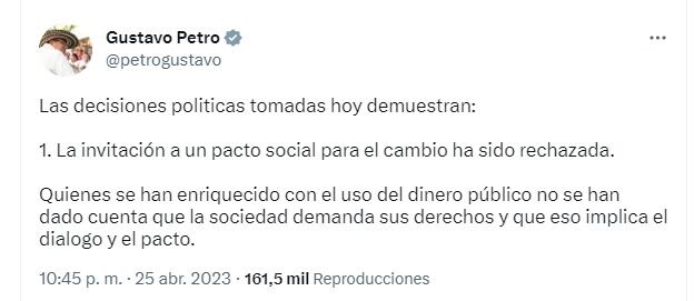 Trino del presidente Gustavo Petro sobre la ruptura de la coalición de Gobierno