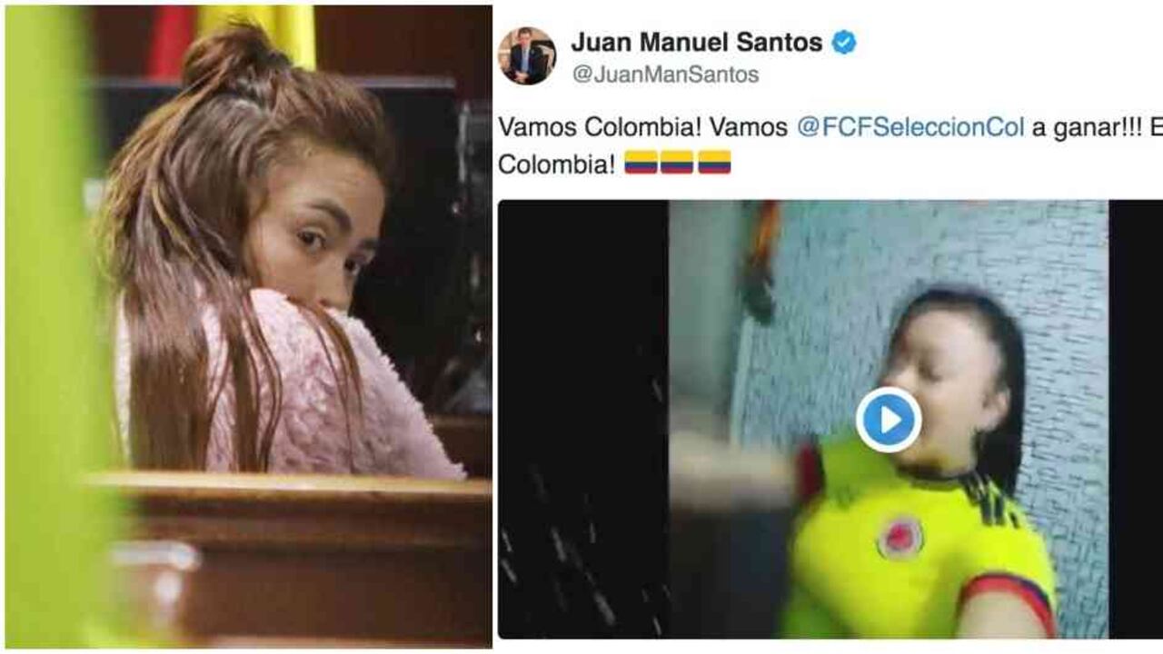 Daneidy Barrera, Epa Colombia, durante la audiencia en Bogotá. Al lado derecho un retweet del expresidente Juan Manuel Santos
