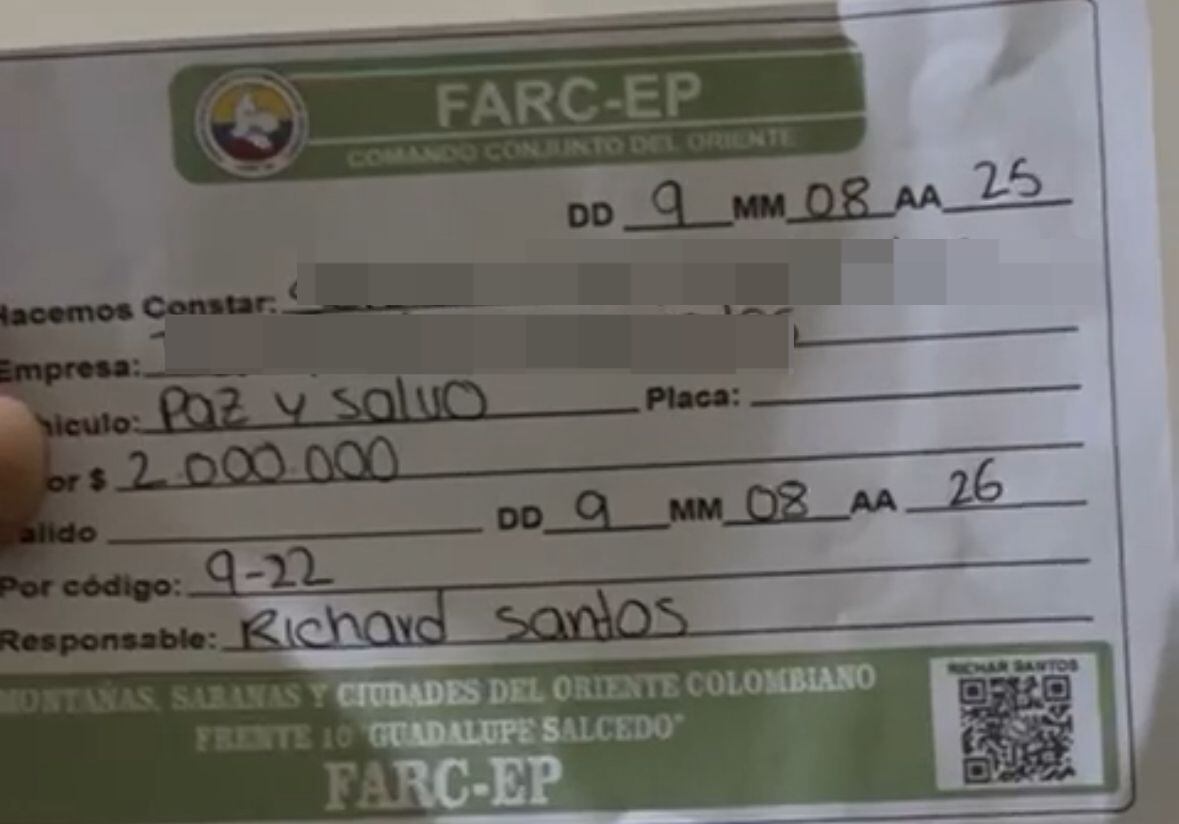 Talonarios con QR de las disidencias de las Farc en Arauca.
