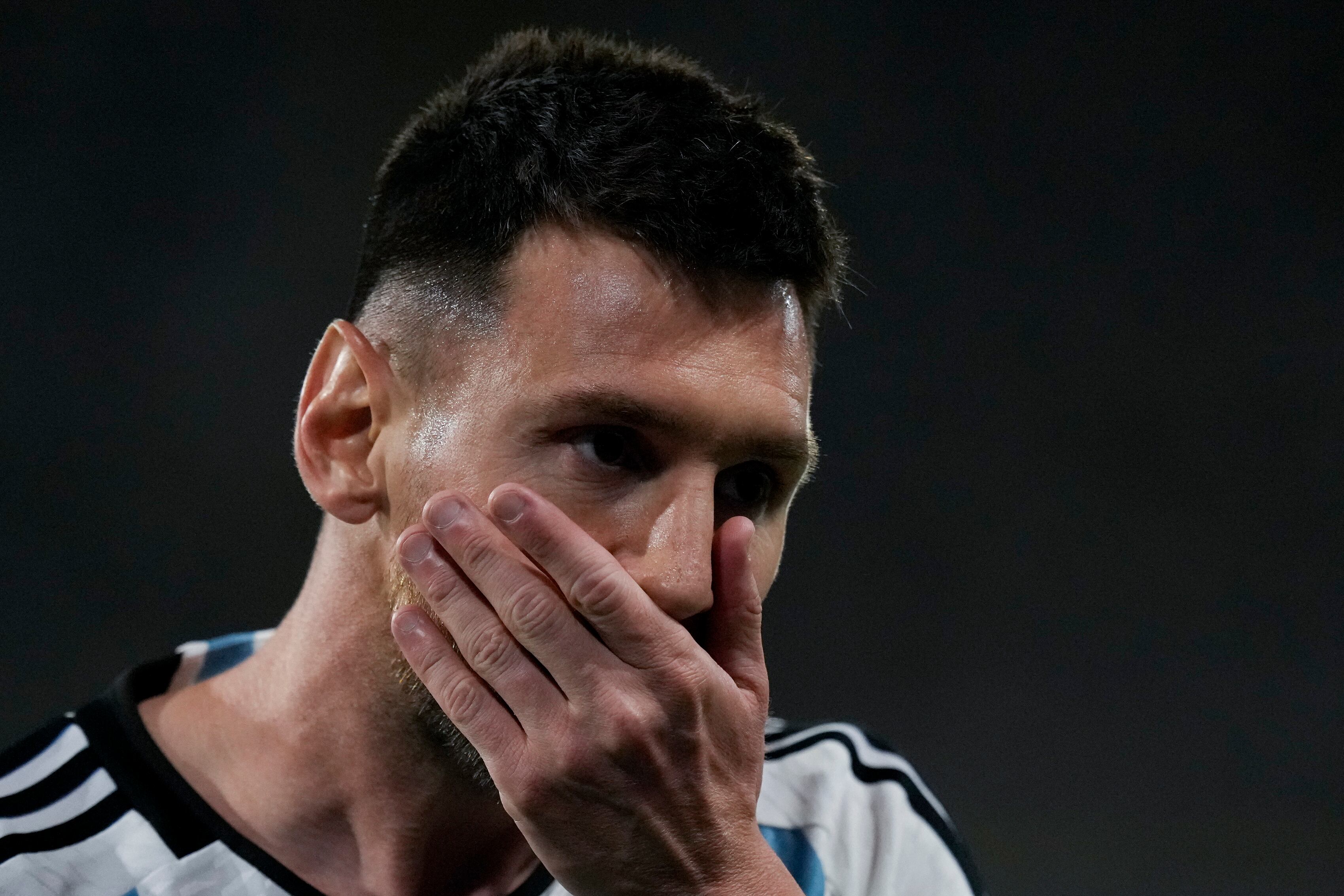 Argentina's Lionel Messi reacts during a qualifying soccer match for the FIFA World Cup 2026 against Uruguay, at La Bombonera stadium in Buenos Aires, Argentina, Thursday, Nov. 16, 2023. (AP Photo/Matias Delacroix)
