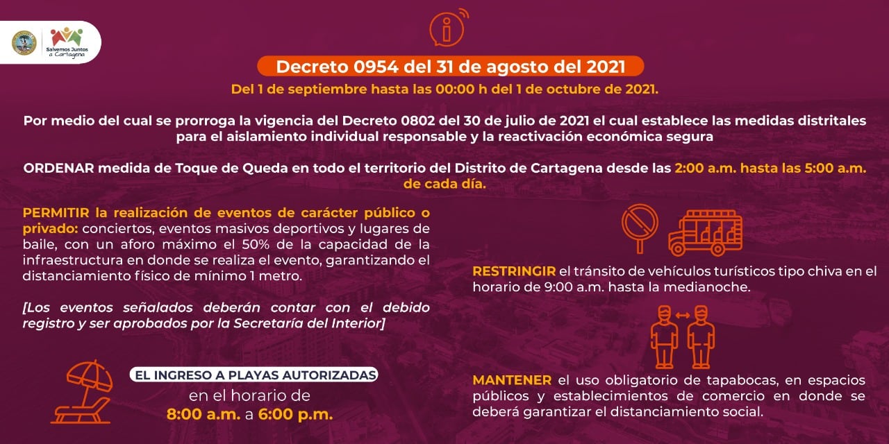¡Pilas! Así rige el horario de toque de queda nocturno en Cartagena hasta el 1 de octubre