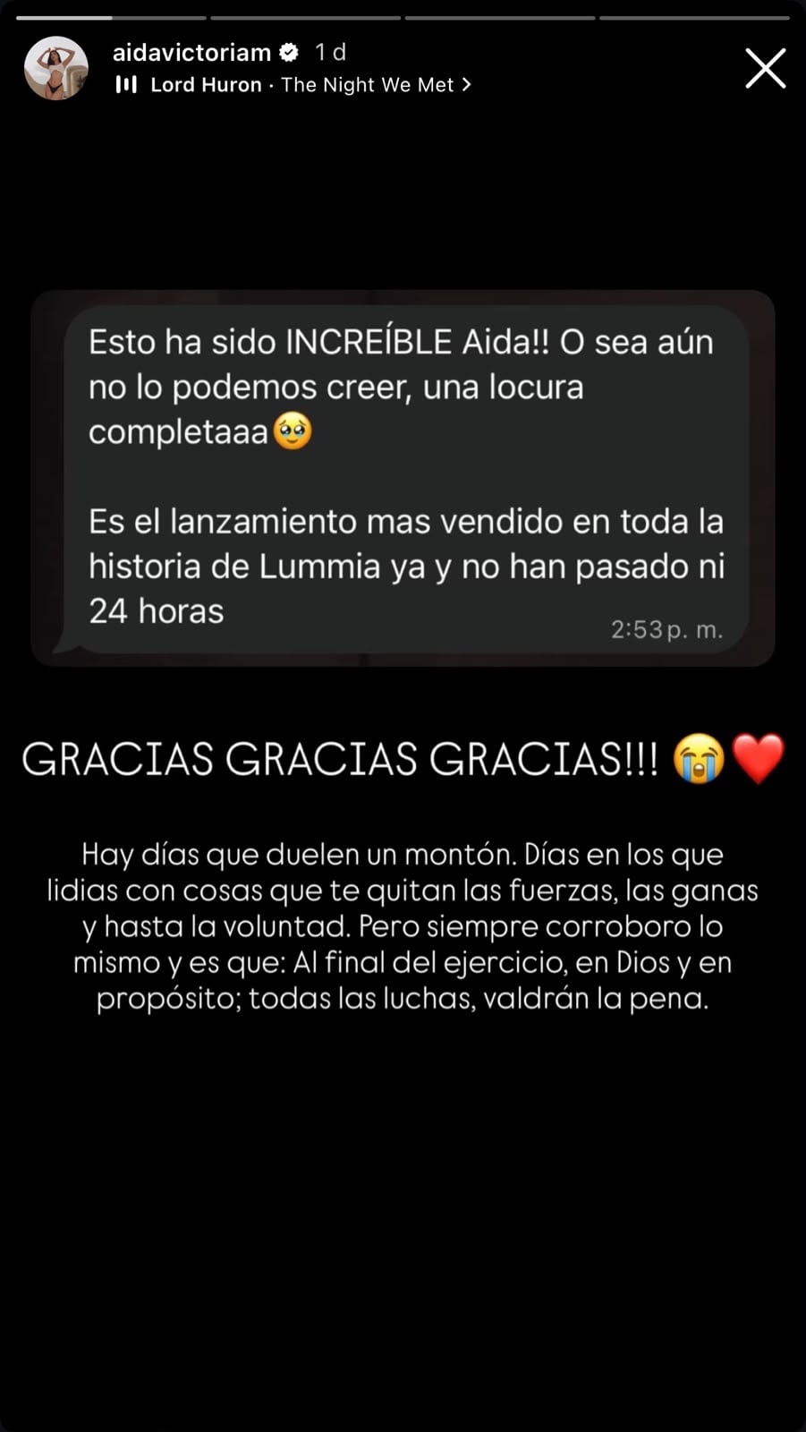 Aída Victoria Merlano envió relfexión llena de emoción luego de logro.