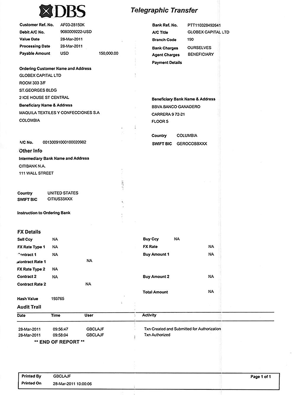   Este es el comprobante de la consignación por 150.000 dólares a la empresa Maquila, Textiles y Confecciones, de propiedad de Álex Saab y que le había prestado a Córdoba para recibir las millonarias consignaciones.