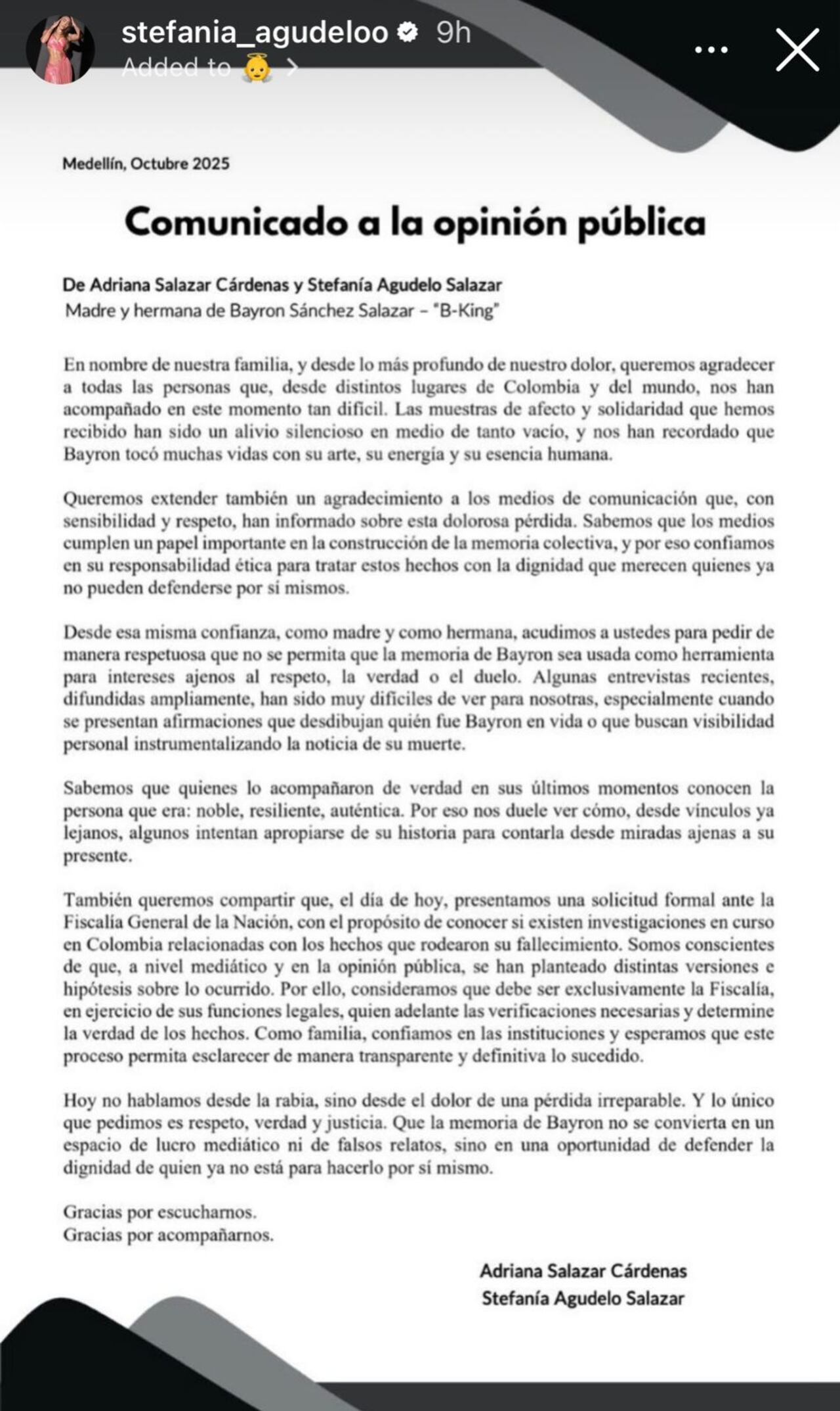 Stefania Agudelo, hermana de B King, publicó un comunicado a través de sus redes sociales.