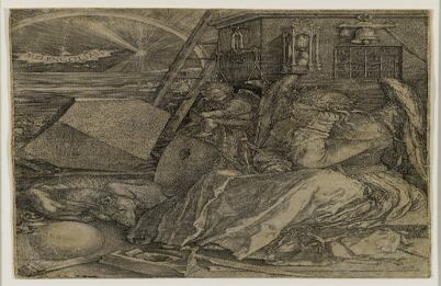 "Melancolía I" 1514/Buril.
  "Las tres obras maestras del buril" es una serie que va de 1513-1514. Contiene grabados en metal y se trabaja el buril. Dentro de esta serie se encuentran “El caballero, la muerte y el diablo”, “La melancolía” y “San Jerónimo”. Las tres obras utilizan el mismo formato y la misma técnica y representan tres formas de ver el mundo: el caballero cristiano, el genio creativo y el santo sabio y espiritual. El caballero representa el caballero cristiano de Erasmo y la melancolía representa un retrato espiritual de Durero.
