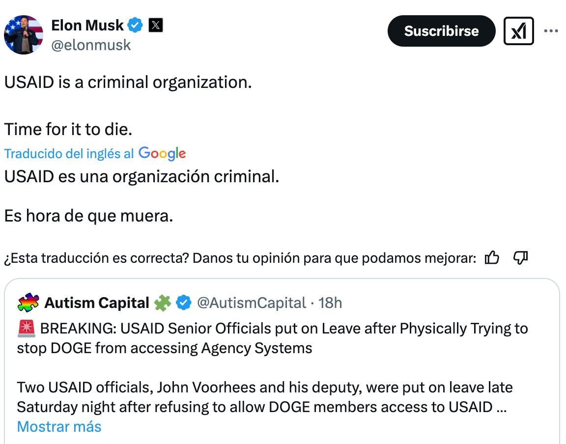 Mensaje de Elon Musk en la red social X.