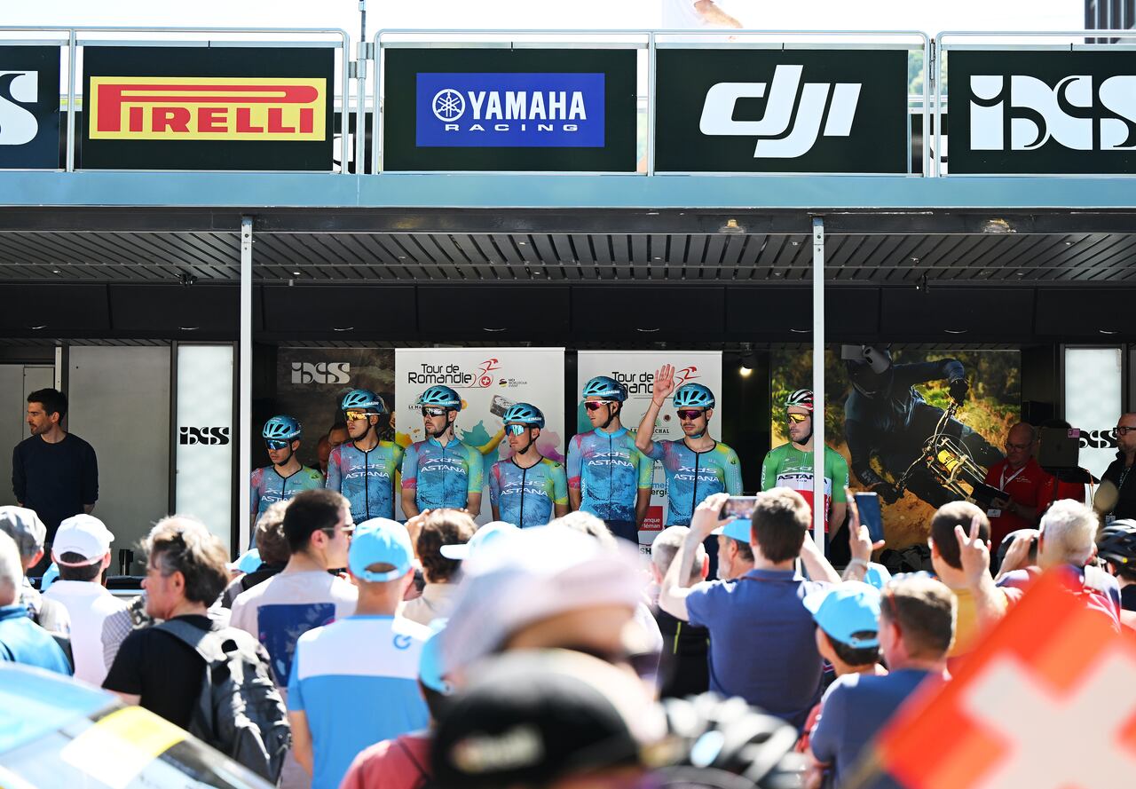 MUNCHENSTEIN, SWITZERLAND - APRIL 30: A general view of Harold Tejada of Colombia, Alberto Bettiol of Italy, Clement Champoussin of France, Lorenzo Fortunato of Italy, Michele Gazzoli of Italy, Sergio Higuita of Colombia, Anton Kuzmin of Kazakhstan and XDS Astana Team prior to the 78th Tour De Romandie 2025, Stage 1 a 194.3km stage from Munchenstein to Fribourg / #UCIWT / on April 30, 2025 in Munchenstein, Switzerland. (Photo by Dario Belingheri/Getty Images)
