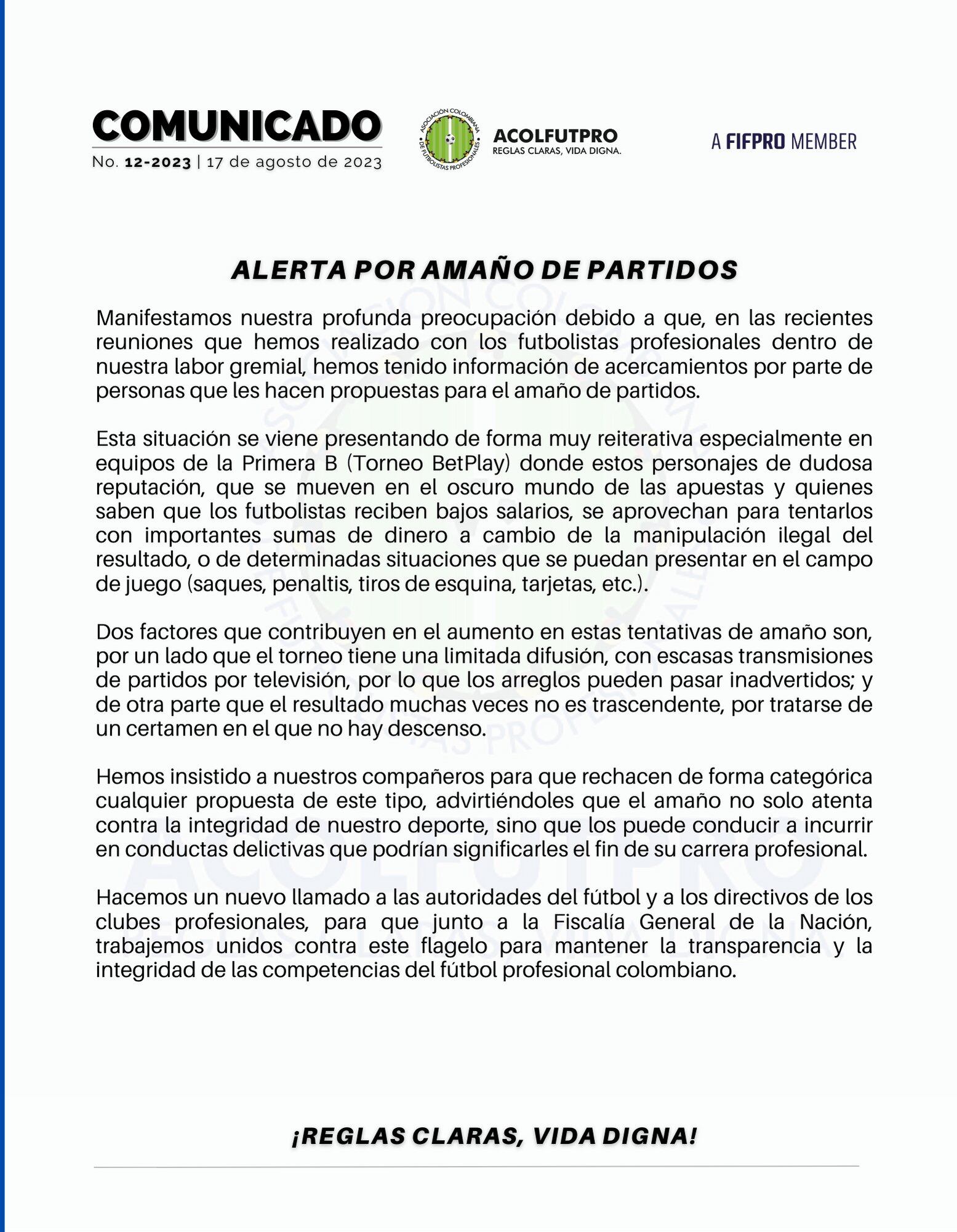 Comunicado Acolfutpro sobre amaños de partidos.