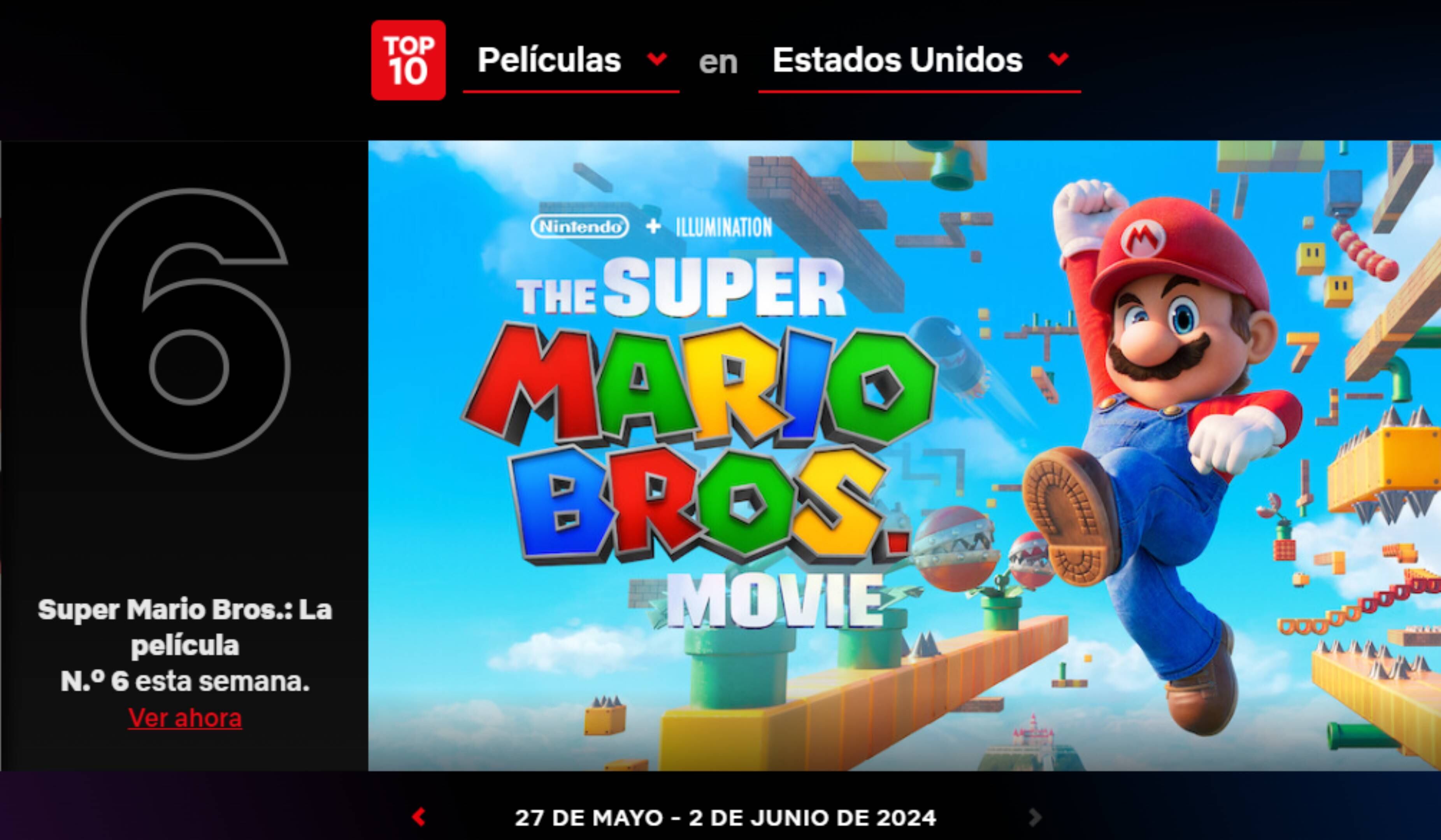 Super Mario La película permanece en el top de películas más vistas en Netflix en Estados Unidos.