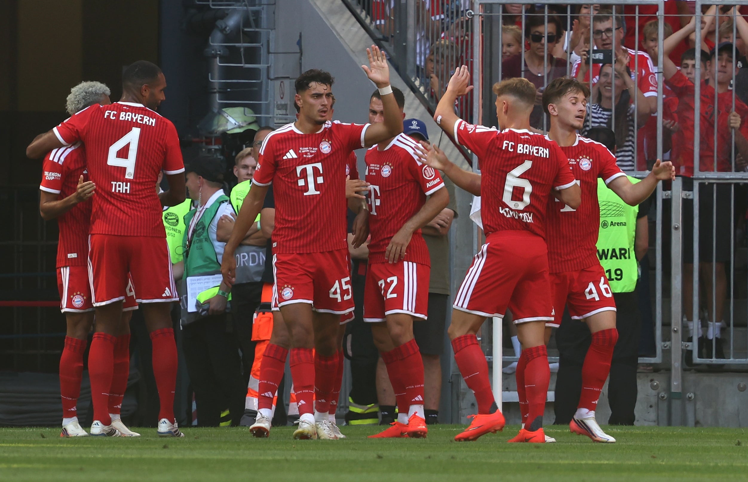 Munich's players celebrate the opening goal during a pre-season soccer match between FC Bayern Munich and RB Leipzig in Munich, Germany, Saturday, Aug. 15, 2026. (Karl-Josef Hildenbrand/dpa via AP)