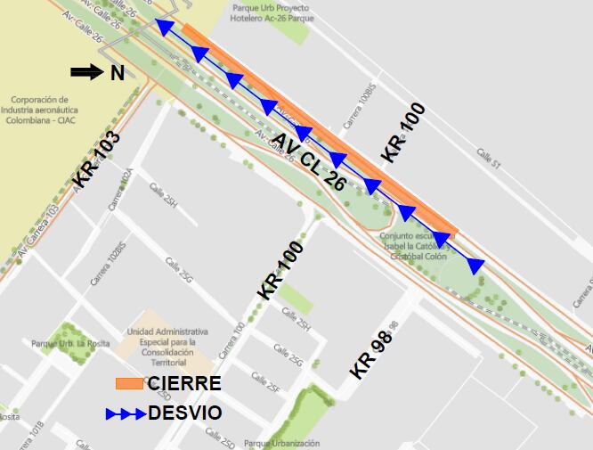 cierre de un carril de la Av. Calle 26 entre carreras 98 y 103