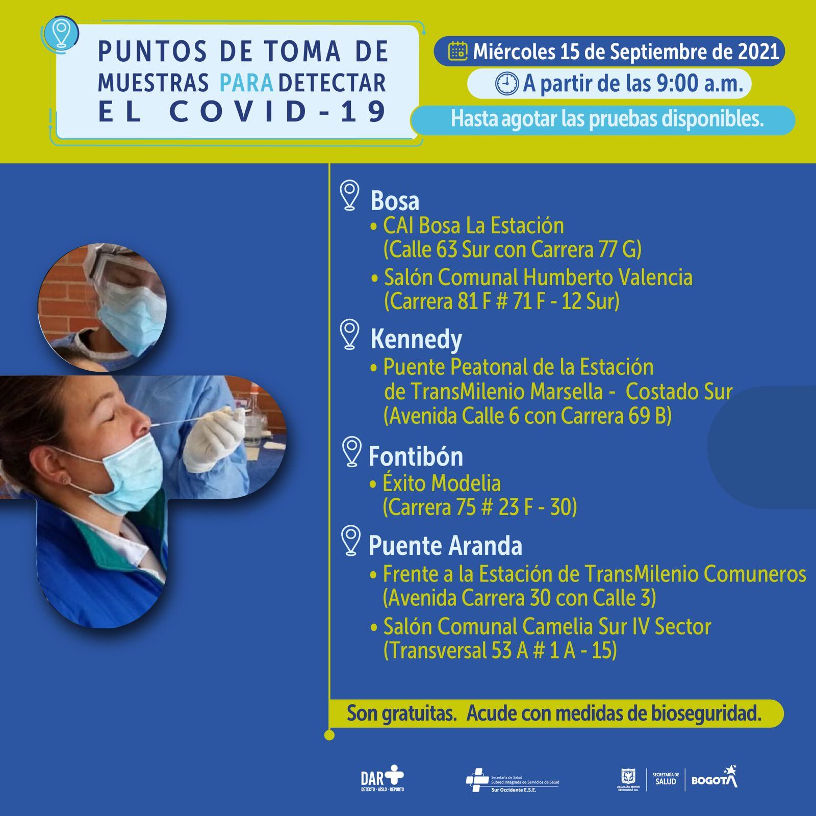Pruebas gratis de covid-19 hoy miércoles 15 de septiembre: estos son los puntos habilitados
