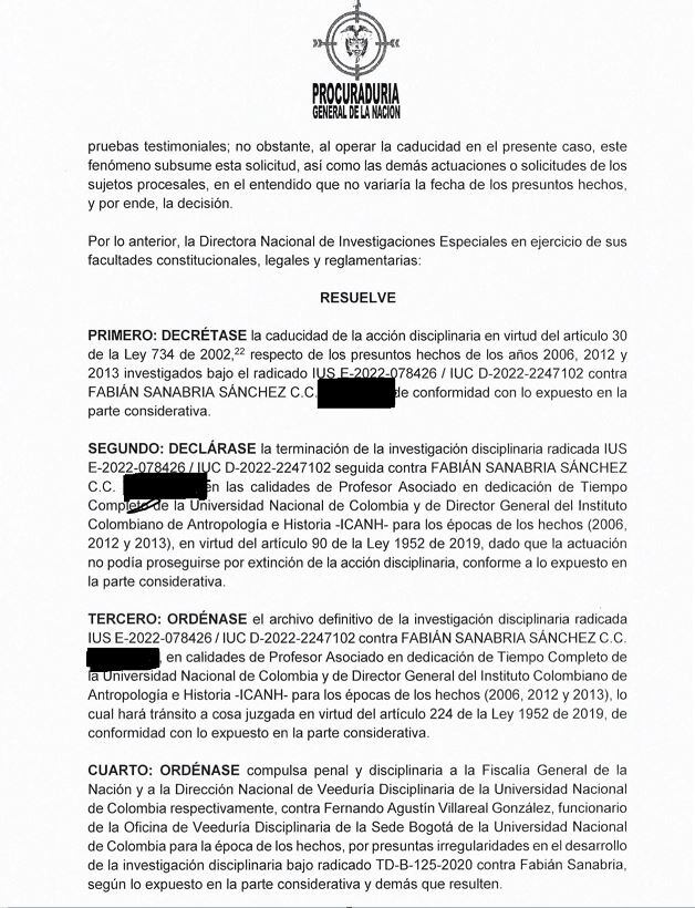 Procuraduría archivó la investigación contra Fabián Sanabria.