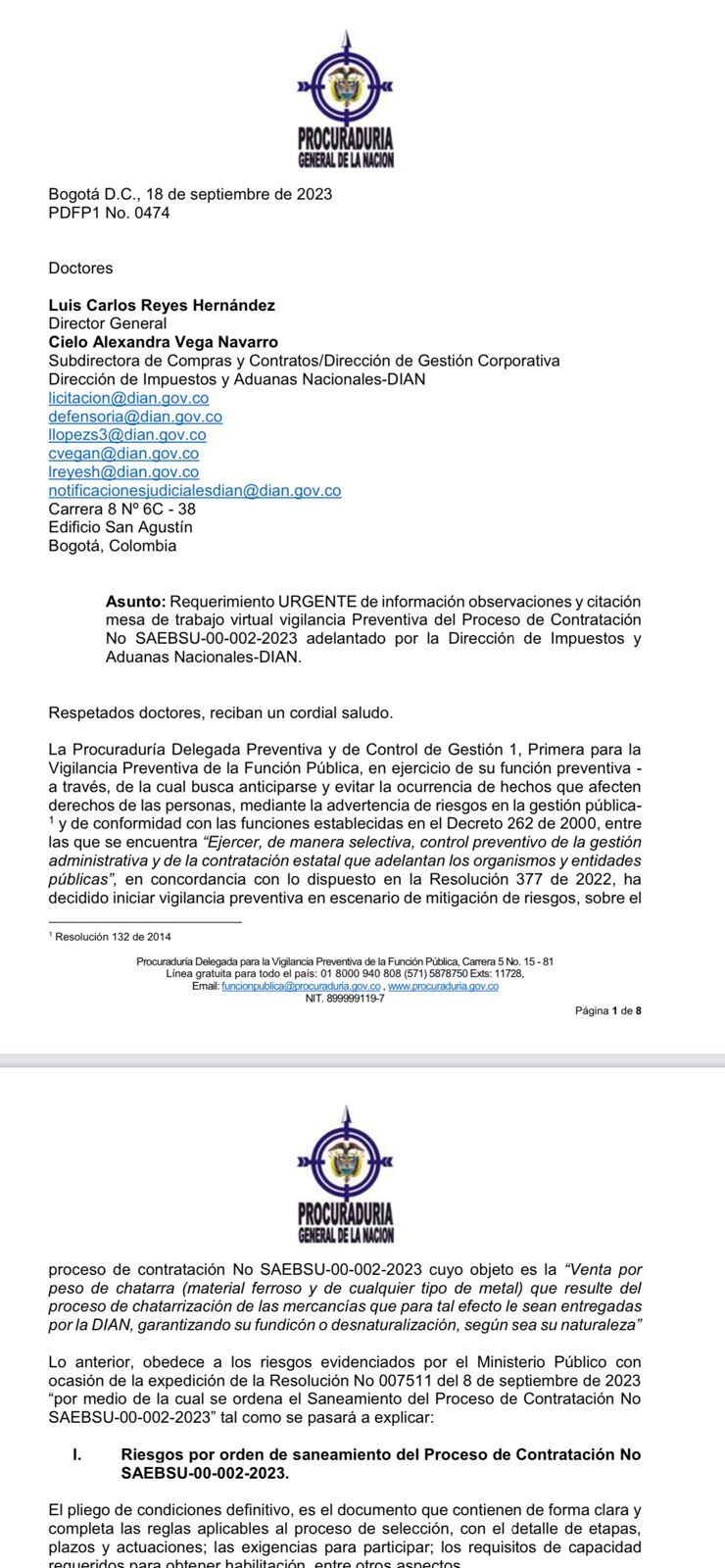 Procuraduría General le envió un requerimiento al director de la Dian por chatarrización.