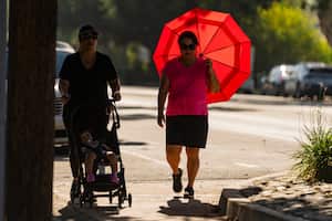 Local residents walk under the shade of trees in the early morning on Friday, July 28, 2023, in Burbank, Calif. (AP Photo/Damian Dovarganes)