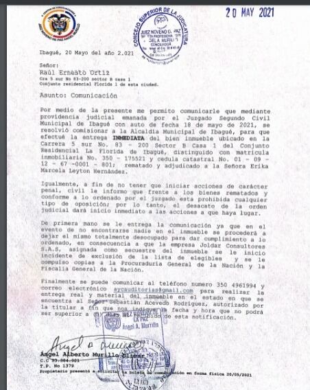 Orden de desalojo Ingrit Valencia