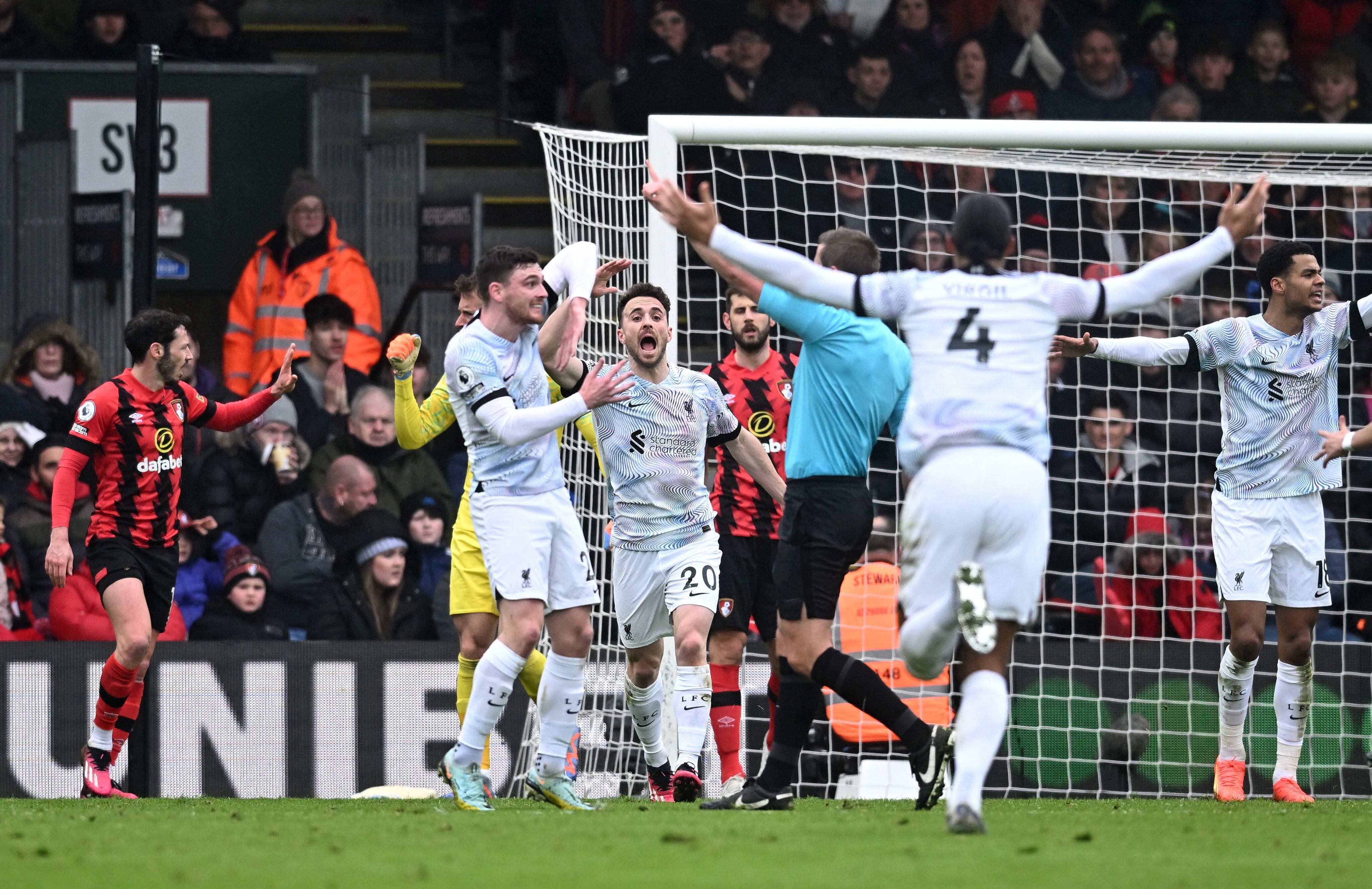 Soccer Football - Premier League - AFC Bournemouth v Liverpool - Vitality Stadium, Bournemouth, Britain - March 11, 2023 Liverpool's Diogo Jota appeals for a penalty REUTERS/Dylan Martinez EDITORIAL USE ONLY. No use with unauthorized audio, video, data, fixture lists, club/league logos or 'live' services. Online in-match use limited to 75 images, no video emulation. No use in betting, games or single club /league/player publications.  Please contact your account representative for further details.