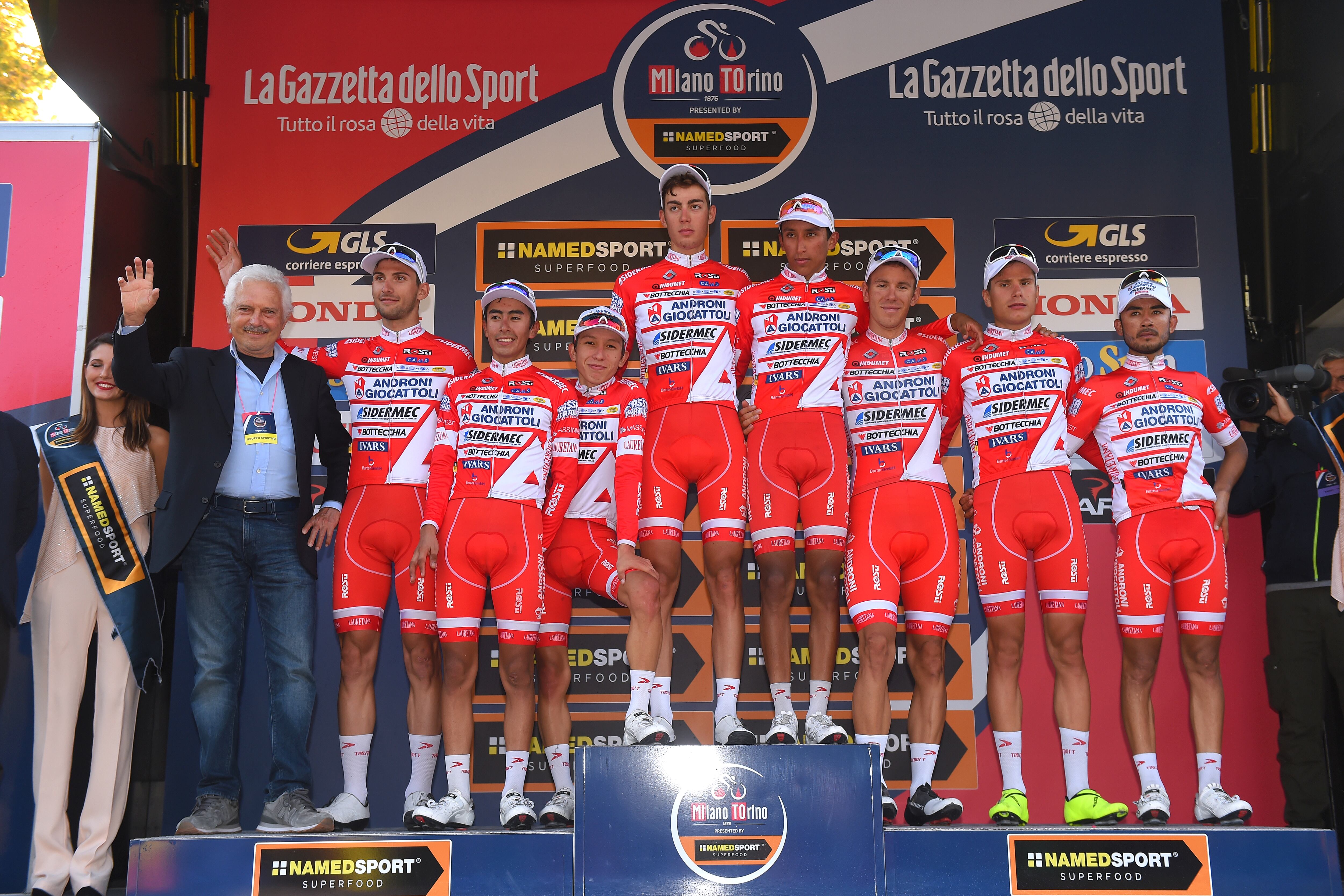 Cycling: 98th Milano - Torino 2017
Podium / Team Androni - Sidermec - Bottecchia (ITA)/ Egan Arley BERNAL (COL)/ Davide BALLERINI (ITA)/ Mattia FRAPPORTI (ITA)/ Fausto MASNADA (ITA)/ Kevin RIVERA (CRC)/ Ivan Ramiro SOSA (COL)/ Matteo SPREAFICO (ITA)/ Rodolfo Andres TORRES (COL)/ Gianni SAVIO (ITA) Manager / Celebration / Ciclismo Cup Italia / 
Milano-San Giuliano Milanese  - Torino-Superga 669m (186km) / MT / (Photo by Tim de Waele/Corbis via Getty Images)