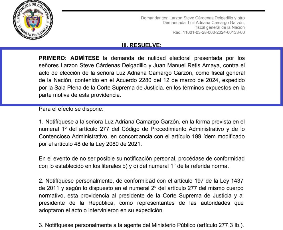 Consejo de Estado admitió para su estudio demanda contra la elección de la Fiscal General.