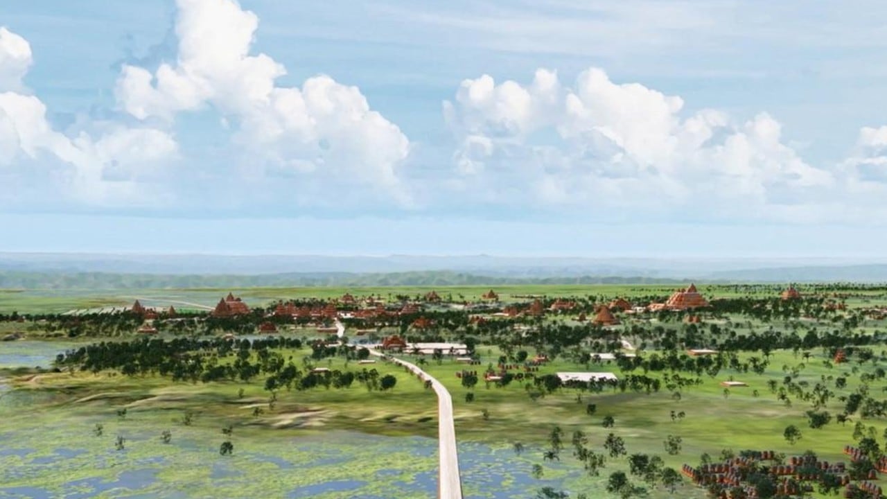 Visualización artística muestra la red de ciudades mayas descubierta mediante LiDAR en la Cuenca Mirador-Calakmul de Centroamérica.