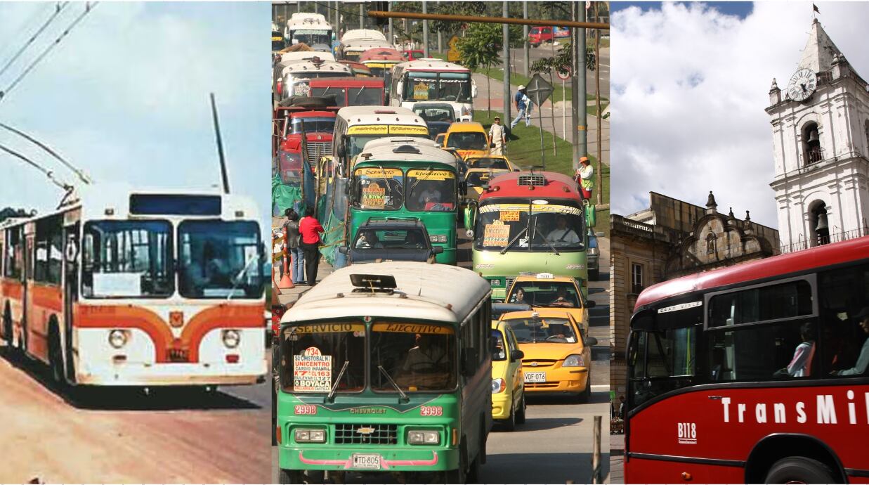 Trolebús, buseta y Transmilenio en Bogotá.