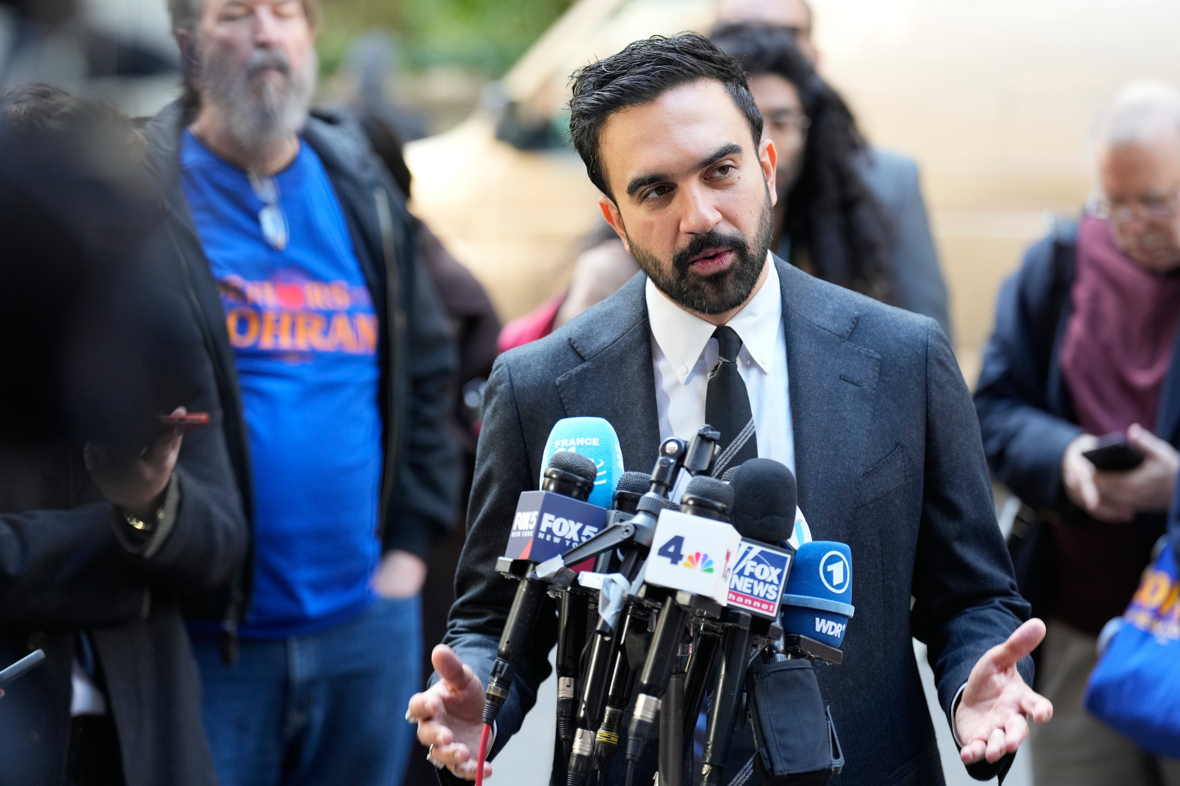 New York City mayoral candidate Zohran Mamdani talks to reporters in New York, Monday, Oct. 27, 2025. (AP Photo/Seth Wenig)