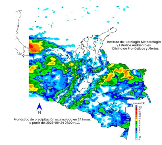 Mapa del clima para el miércoles 24 de junio en Colombia.