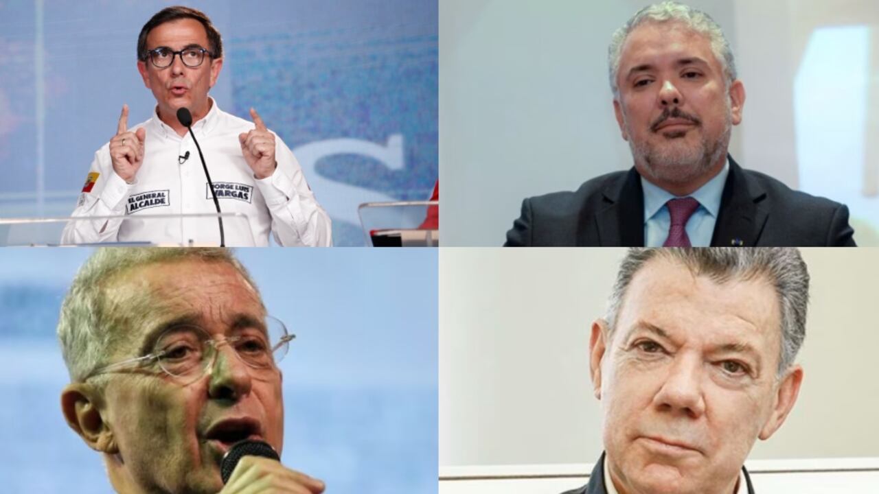 De izquierda a derecha: el candidato Jorge Luis Vargas y los expresidentes Iván Duque, Álvaro Uribe y Juan Manuel Santos.