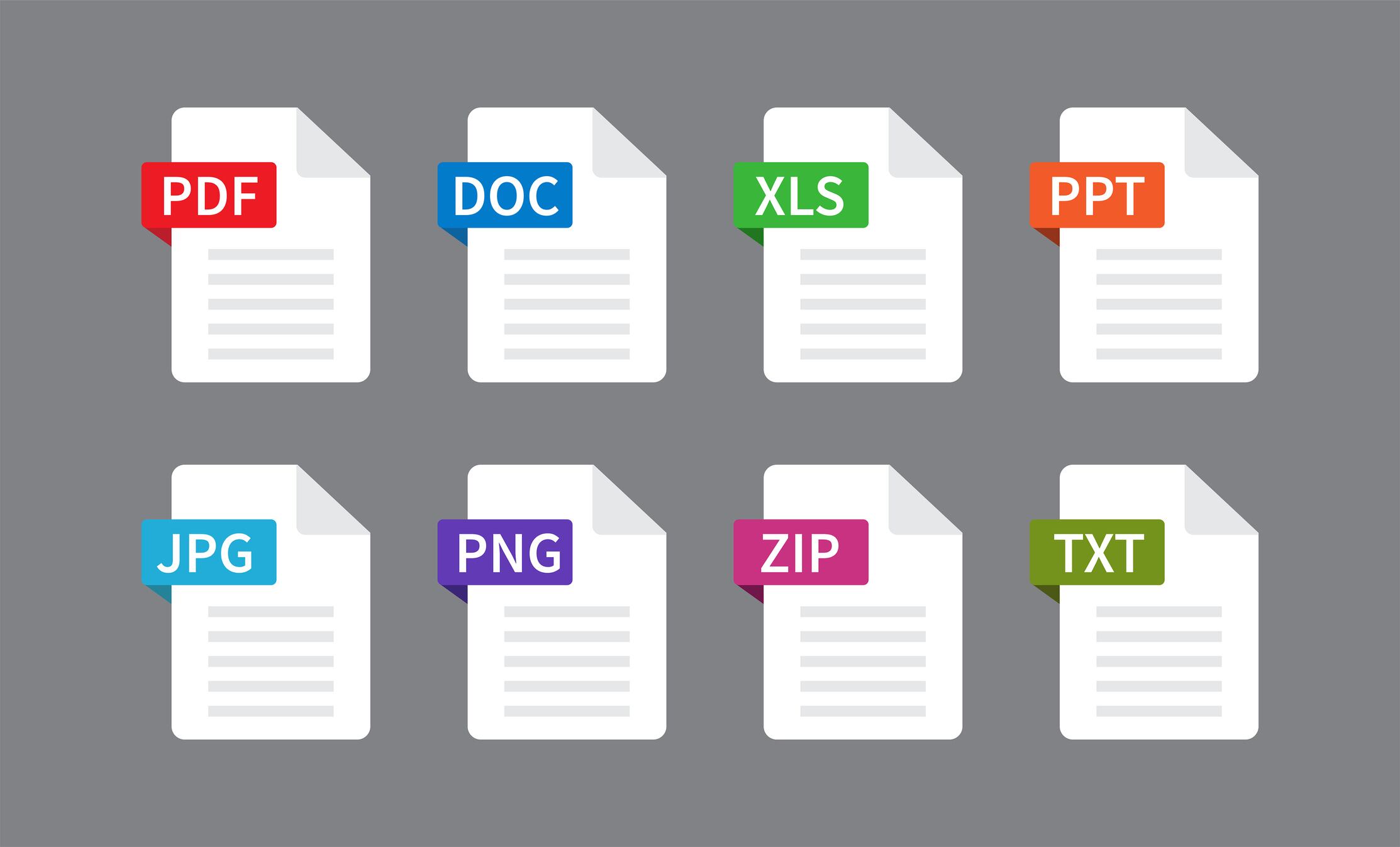 Iconos de documentos en formanto PDF, DOC, XLS, PPT, JPG. PNG, ZIP, TXT. Vector illustration